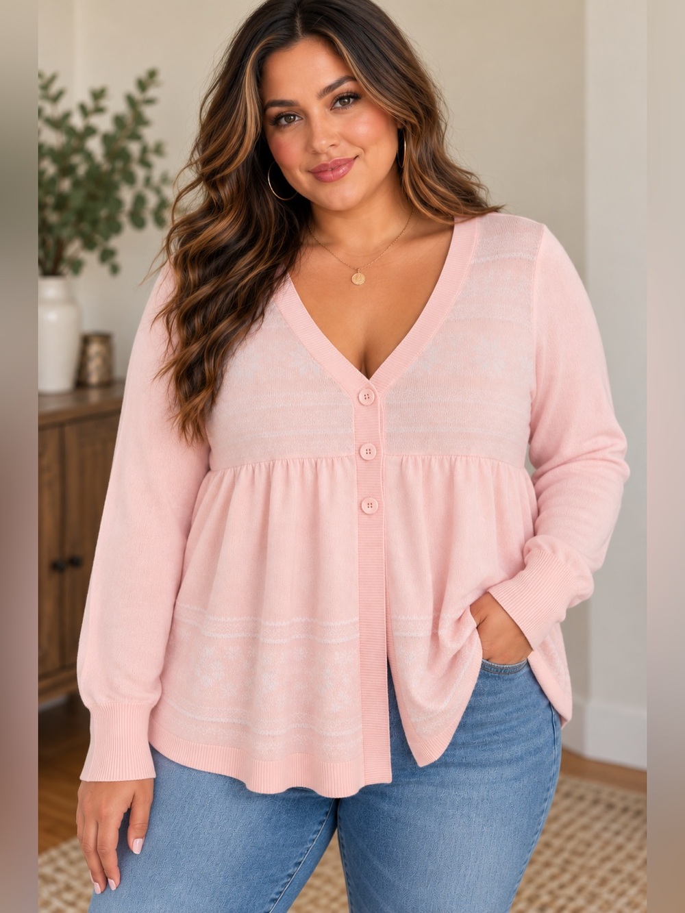 Hollister Pink Fair Isle Snowflake Babydoll Cardigan XL
